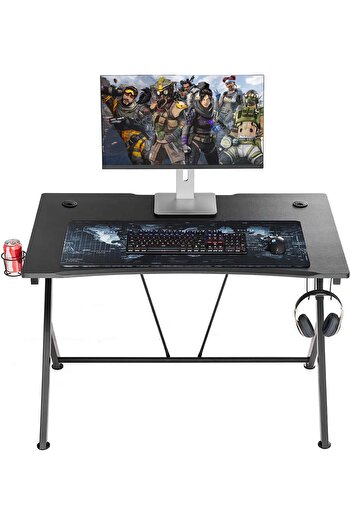 EqiEch R-Shape Gaming Table with Headphone Hook & Cup Holder for PC Home Office