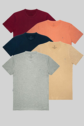 COMBİNE MİCHAİL Men's Crew Neck Slim Fit Basicburgundy-Orange-Navy-Beige-Grimelange Color 5-Li T-Shirt