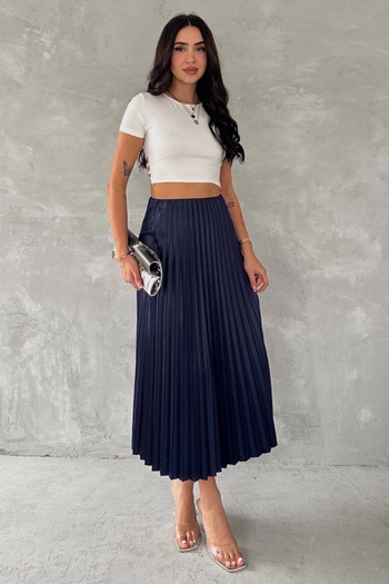 FEMELLE Women's Navy Blue Standard Size Elastic Waist Chiffon Printed Pleated Skirt