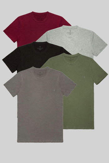 COMBİNE MİCHAİL Men's Slim Fit Crew Neck T-Shirt - Set of 5 Burgundy, Grey, Black, Khaki, Fume