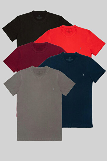 COMBİNE MİCHAİL Men's 5-Piece T-Shirt Set - 100% Cotton, Standard Fit, Black-Red-Claret-Navy-Blue-Fume