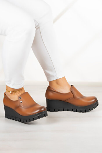 Erkan Saçmacı Gloria Tan - Genuine Leather Wedge Heeled Shoes