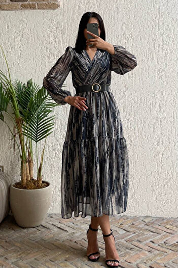 Neşeli Butik γυναικείο φόρεμα σιφόν midi μήκους με ζώνη NBMY3600