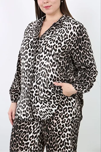 Butik Nilyam Leopard Print Women's Shirt and Pants Set with Pockets - Plus Size, Elastic Waist 24709