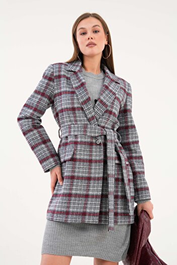 Saade Gray Plaid Belted Jacket