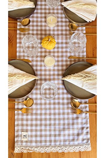 EVYA Gingham Duck Linen Runner - 40X110 cm Vintage American Service, Cotton Lace Dining Table and Kitchen