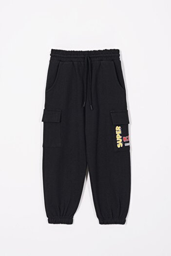 zepkids Black Color Boy's Tracksuit with Double Cargo Pockets Single Bottom