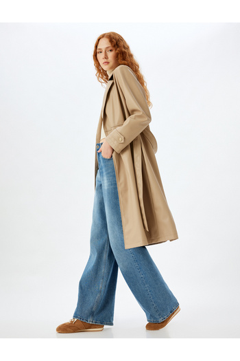 Koton Long Faux Leather Trench Coat Double Breasted Belted Pockets Buttoned