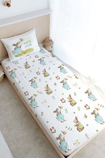 Tuğba Kuğu Single Fitted Sheet Set - Pure Baby Series - Rabbit Playing with Butterfly