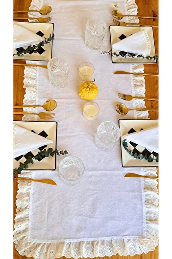 EVYA 40X110 cm Scalloped Ruffled Bohemian American Service - 100% Cotton Raw Linen Runner, Dining Table