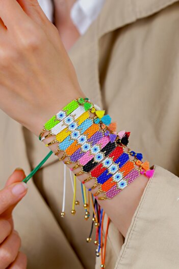 Kübüşün Atölyesi Ka-024 Miyuki Bracelet - Full Evil Eye Series with Tassels - Purple