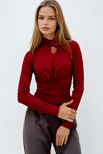 VAGGON Stand Collar Knot Detailed Scuba Fabric Seasonal Blouse