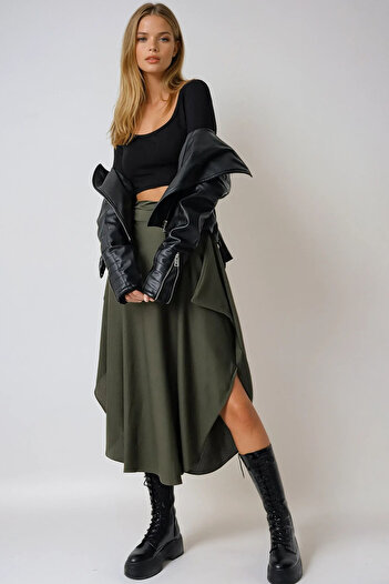 VAGGON Women's Khaki Asymmetrical Cut Waist Tie Skirt Prmx5001