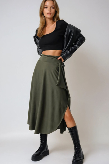 VAGGON Women's Khaki Asymmetrical Cut Waist Tie Skirt Prmx5001