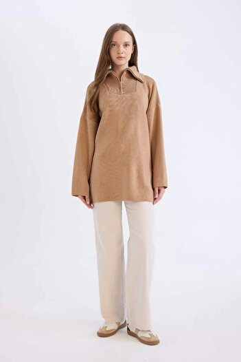 DeFacto B0191 Regular Fit Zippered Stand Collar Knitwear Sweater Tunic