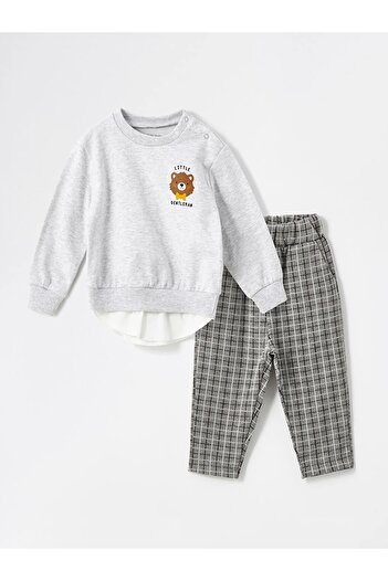LC Waikiki Lcw Baby White Printed Baby Boy Sweatshirt and Pants 2-Piece Set