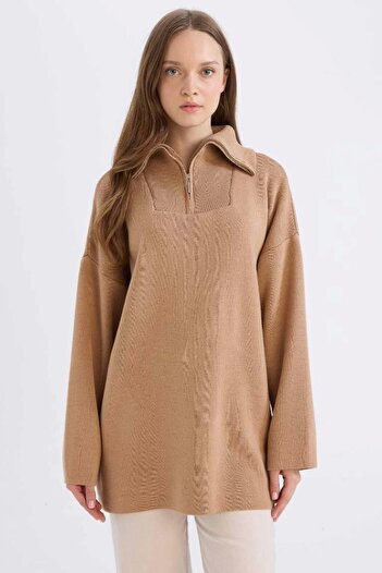 DeFacto B0191 Regular Fit Zippered Stand Collar Knitwear Sweater Tunic