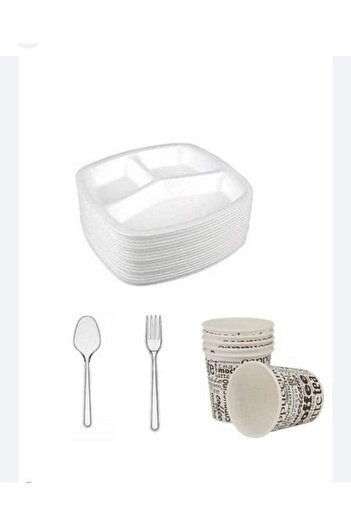 enes ticaret Three Eye Plate, Plastic Fork and Spoon, Paper Cup Set of 20
