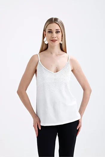 Sense Scuba Crepe Short Blouse with Stones on the Front |   Blz34466 Ecru