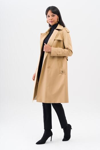 Olcay Cloak Detailed Raglan Sleeve Double Breasted Water Repellent Featured Lined Trench Coat KAMEL 6544