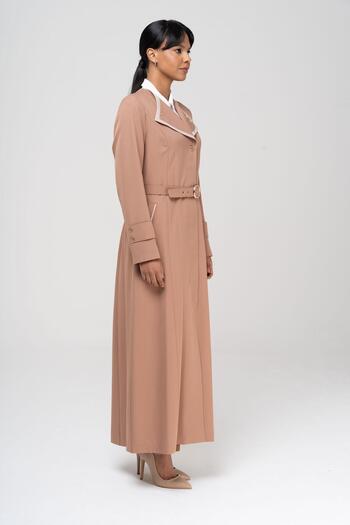 Olcay Handkerchief Collar Garni and Belt Detailed Lined Top Coat KAMEL 6549