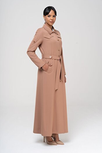 Olcay Shirt Collar Belt Detailed Lined Top Coat KAMEL 6555