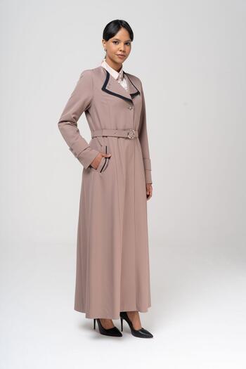 Olcay Detailed Lined Overcoat Vyzon 6549 Collar Garni and Belt