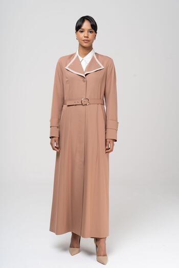 Olcay Handkerchief Collar Garni and Belt Detailed Lined Top Coat KAMEL 6549