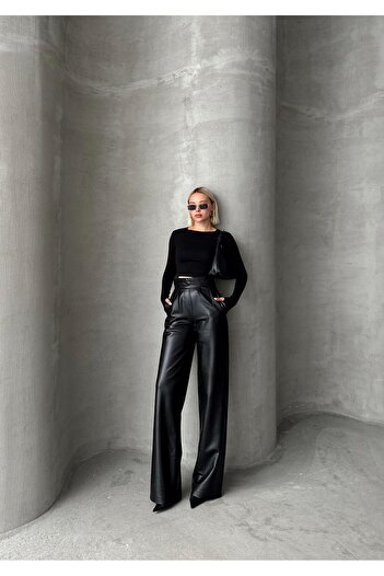 Olcay High Waist Pleated Palazzo Trousers - Leather Look, Black 7565