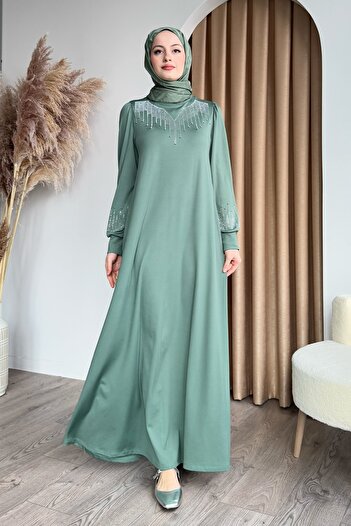 InStyle Mint Green Scuba Dress with Rhinestones and Pearls