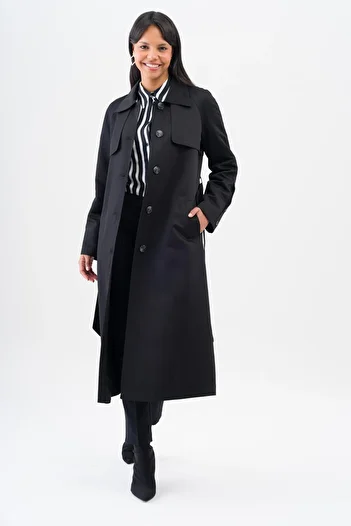 Olcay Shirt Collar Cloak Detailed Raglan Sleeve Water Repellent Feature Lined Intermediate Length Trench Coat BLACK 6530