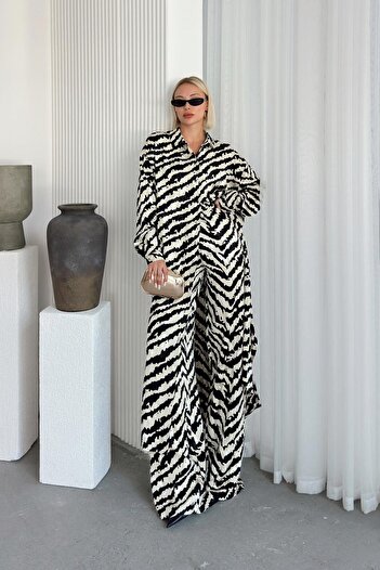 Olcay Silk Look Long Tunic Double Suit - Black-Beige 9255-Tk