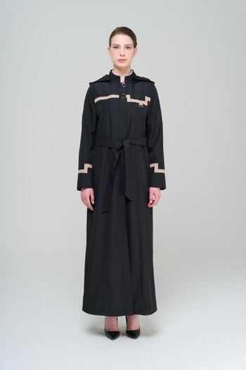 Olcay High Collar Detachable Hooded Garni Detailed Lined Long Trench Coat BLACK 4295