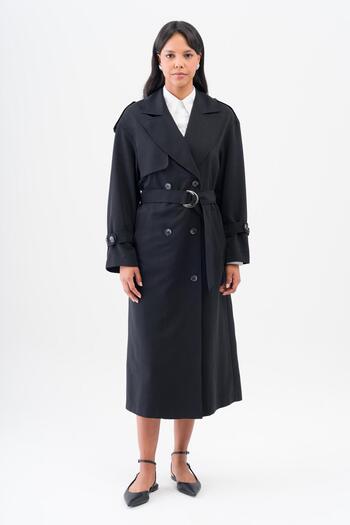 Olcay Comfortable Fit Double Breasted Water Repellent Unlined Trench Coat BLACK 6542