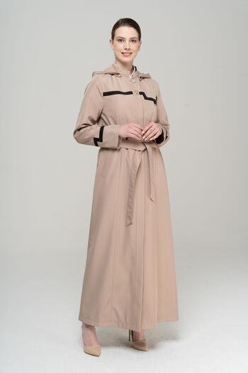 Olcay High Collar Detachable Hooded Garni Detailed Lined Long Trench Coat MINK 4295