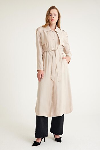 Olcay Unlined Loose Long Trench Coat with Cape and Epaulette Details BEIGE 6602