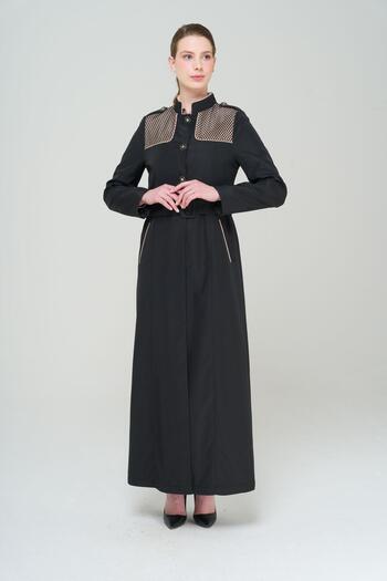 Olcay Judge Collar Epaulet and Mesh Detailed Lined Long Trench Coat BLACK 4294