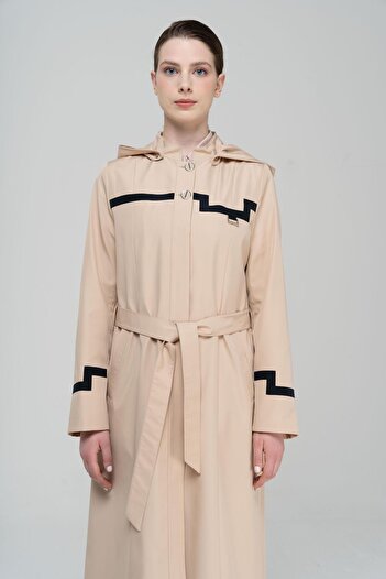 Olcay High Collar Detachable Hooded Garni Detailed Lined Long Trench Coat BEIGE 4295