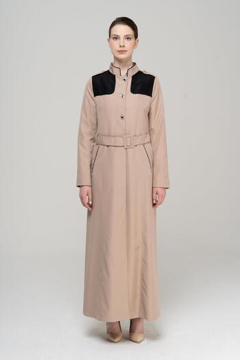 Olcay Judge Collar Epaulet and Mesh Detailed Lined Long Trench Coat MINK 4294