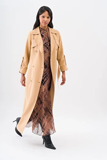 Olcay Cloak Detailed Double Breasted Water Repellent Feature Unlined Long Trench Coat KAMEL 6543
