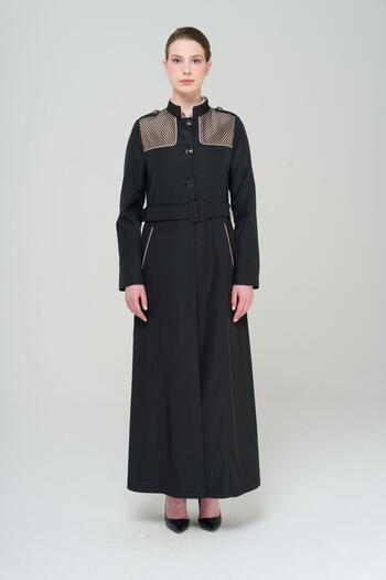 Olcay Judge Collar Epaulet and Mesh Detailed Lined Long Trench Coat BLACK 4294