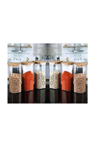 Karçiçeği Home Set of 6 1800 ml Bamboo Lid Square Glass Spice Rack Dragelic and Food Container 23X10 cm