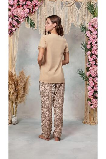 Doreanse Women's Powder Leopard Print Lace Detail T-Shirt Pajamas Set 25Y4062