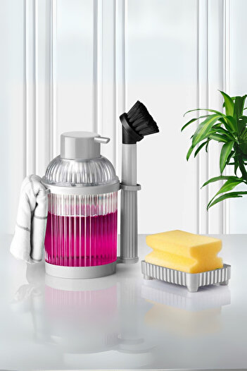 Flora 4 Parça Mutfak Banyo Temizlik Seti, Fırçalı Süngerlik Standlı Sıvı Sabunluk 4’lü Set