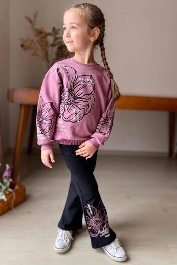 Riccotarz Girl's Spanish Leg Elastic Waist Floral Printed Letter Printed Purple Tracksuit Set