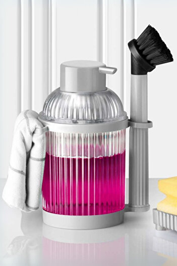 Flora 4 Parça Mutfak Banyo Temizlik Seti, Fırçalı Süngerlik Standlı Sıvı Sabunluk 4’lü Set
