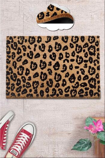 Chilai Home Coco Black Leopard Natural Koko Mat, Bristle Door Mat
