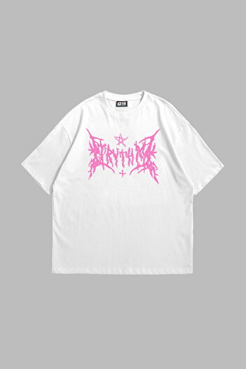 Sekizbiraltı Tricou alb oversize unisex - imprimat roz gotic