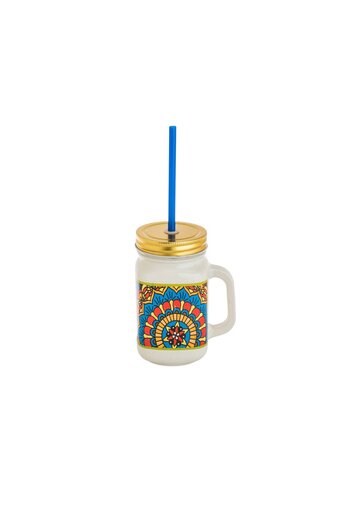 HIC Colored Glass Mug With Straw Set 450 ml 6 Pieces
