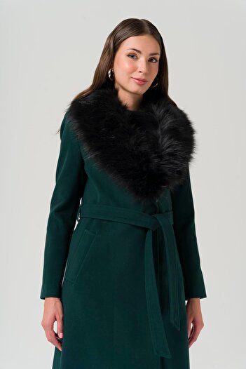 Olcay Detachable Fur Tied Waist Long Coat Green 3804